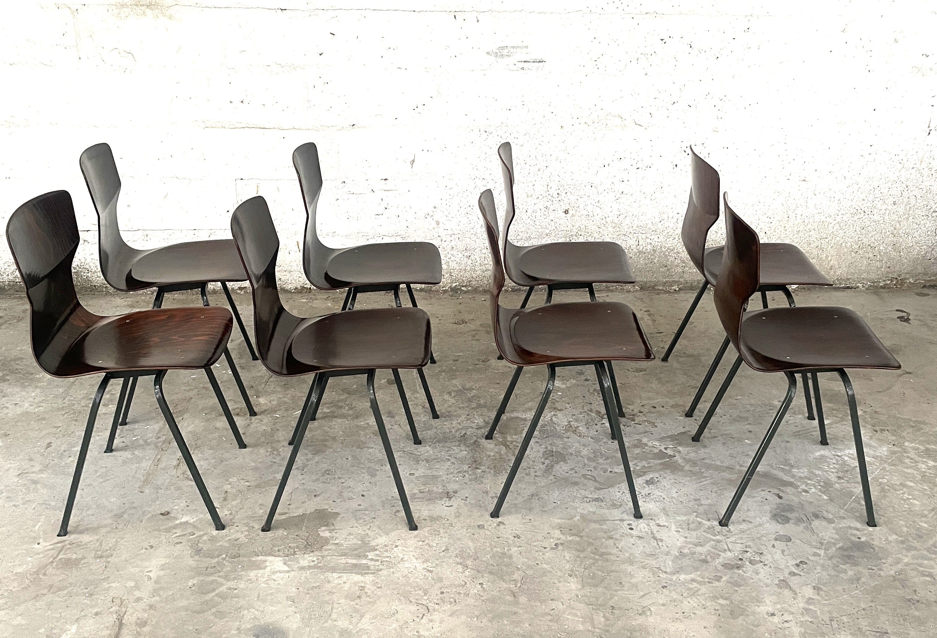 Set of 8 wenge wood chairs and gray green steel