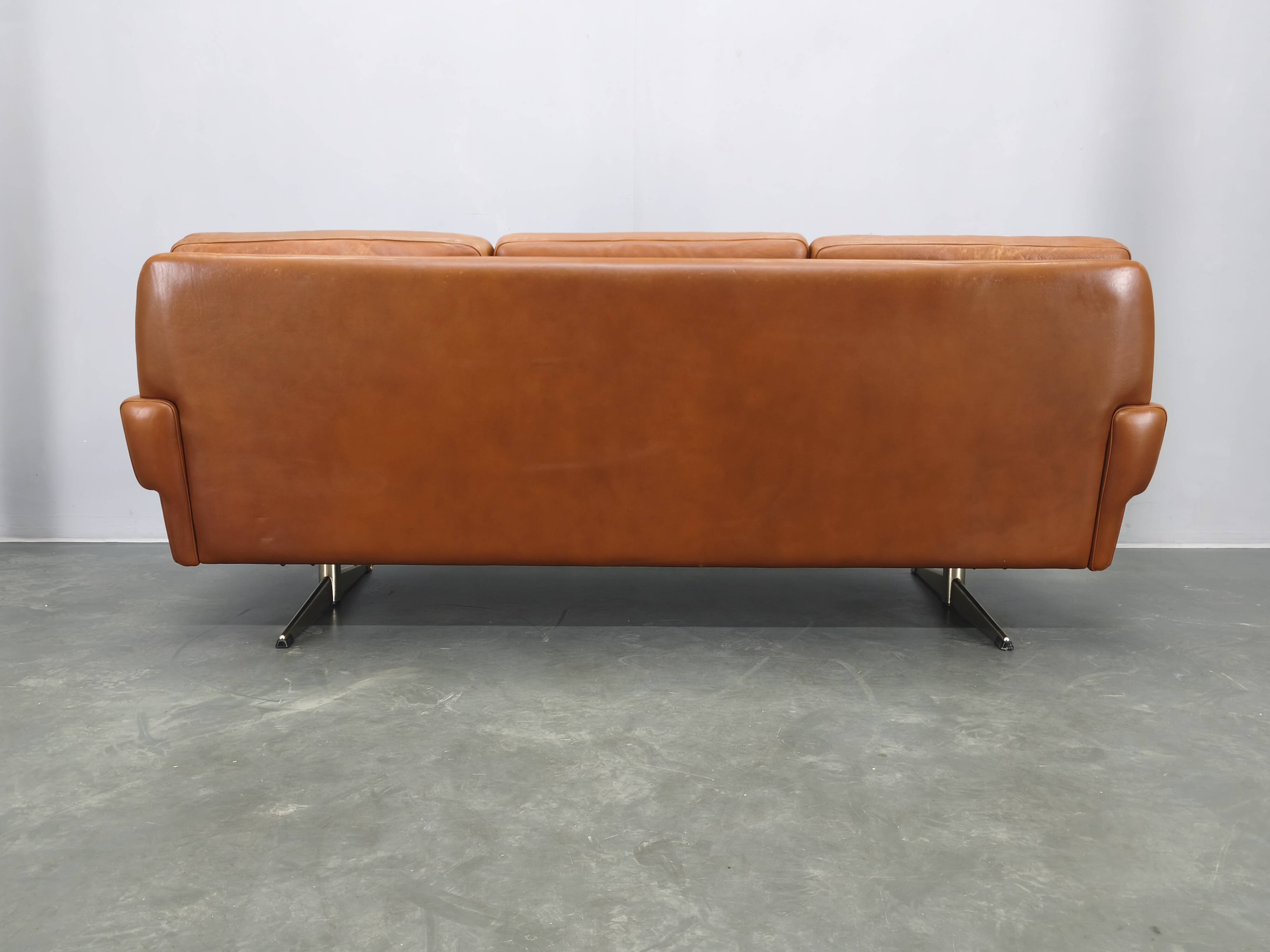 Svend Skipper Danish Leather Sofa Cognac Chrome, 1960s