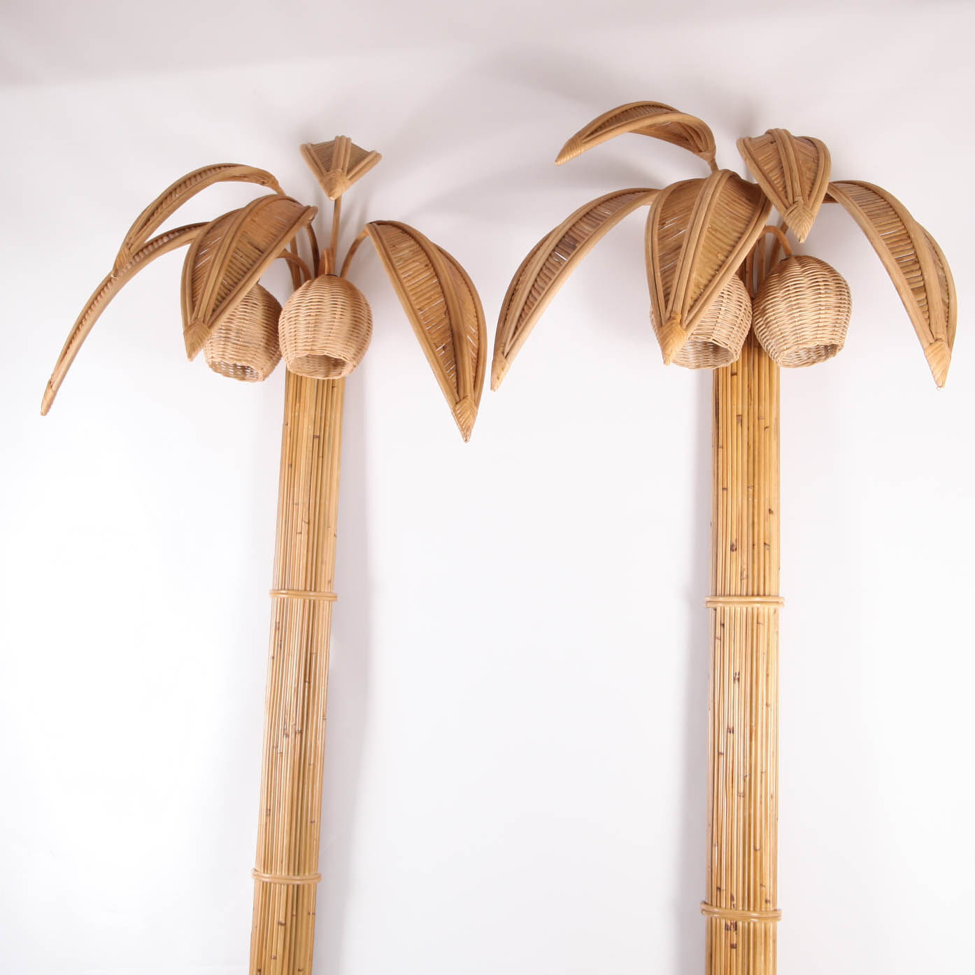 Pair of coconut tree sconces, rattan palm tree
