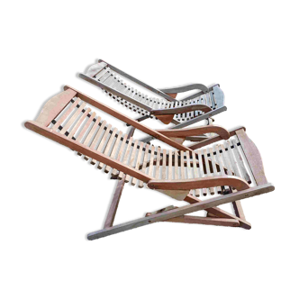 Paire de transats de marine en bois exotique "Scan Com"