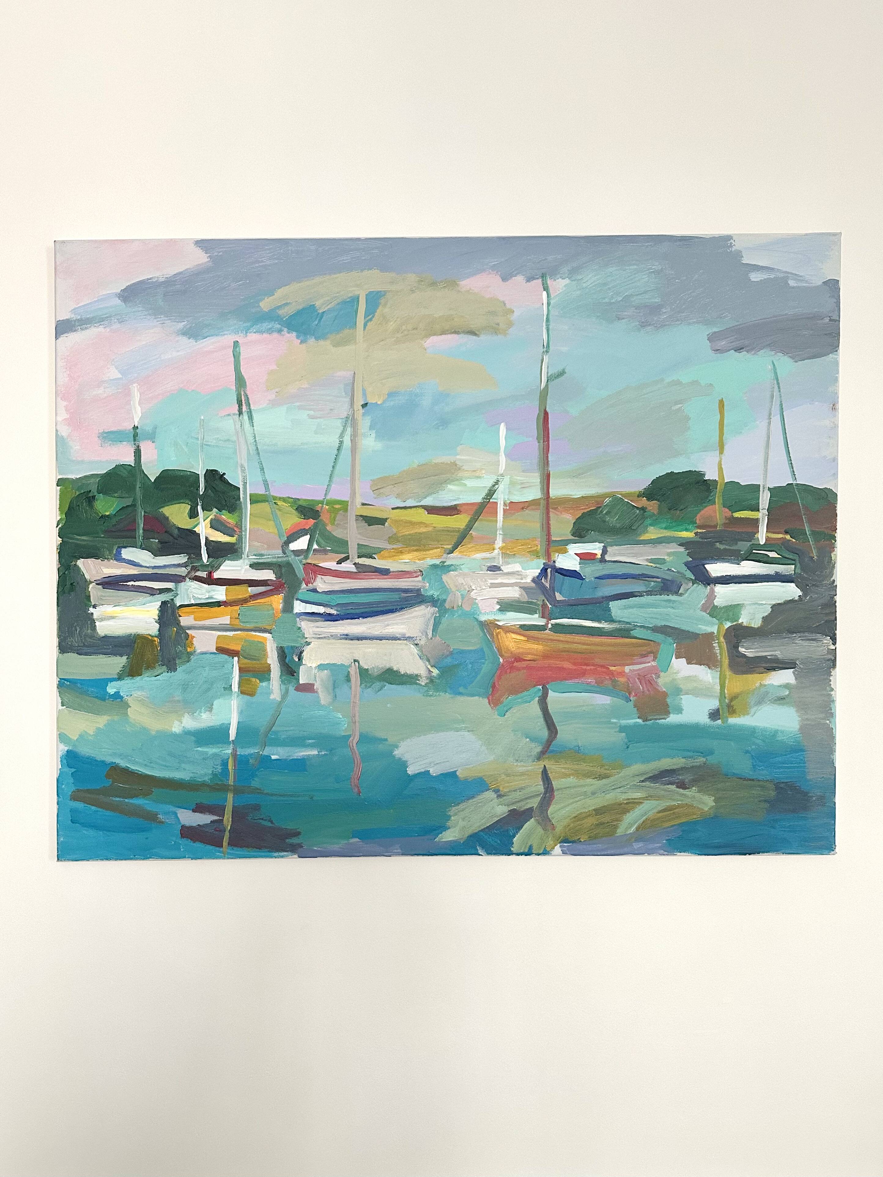 Oil on canvas port with sailing boats
