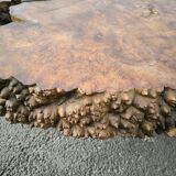 Brutalist coffee table in solid elm burl 108 cm diameter
