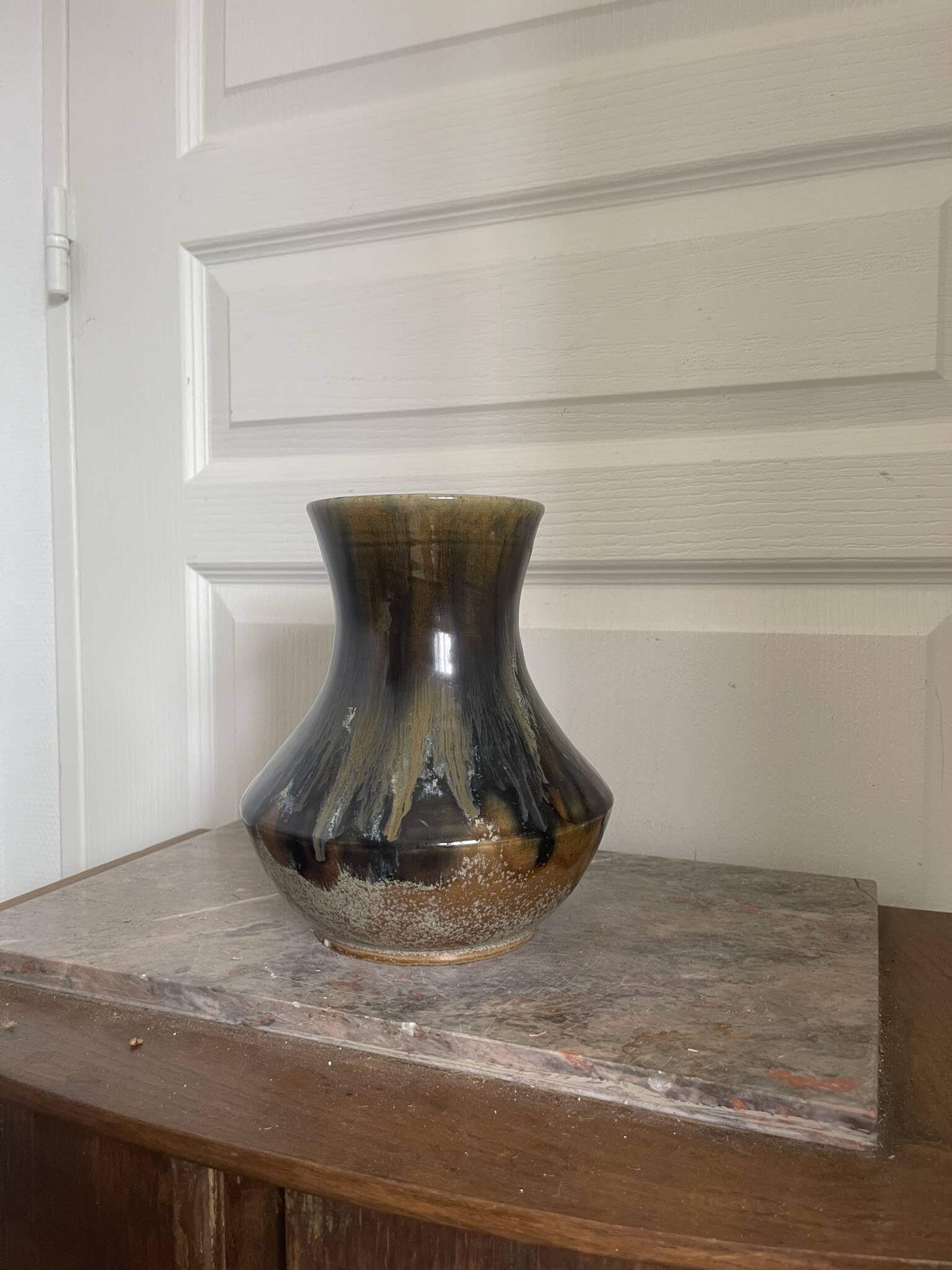 Old Vase Pot ATELIER ART LABREC Glazed Stoneware Green Brown France Pottery