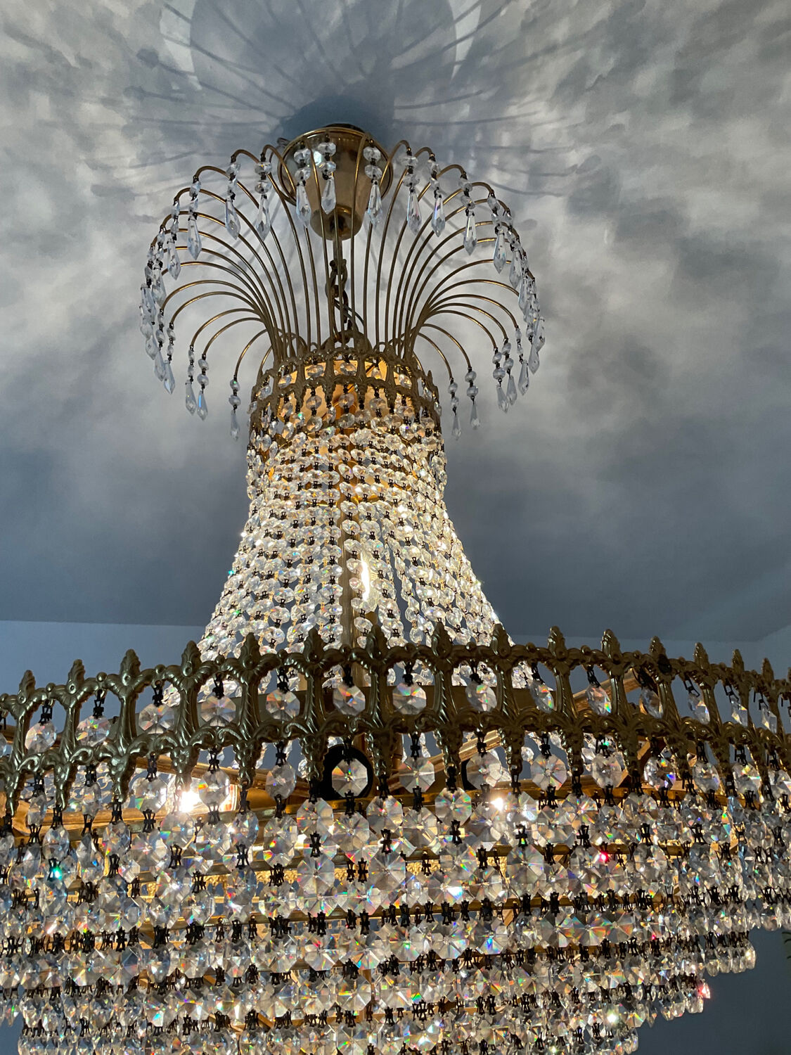 Brass chandelier and crystal tassel waterfall
