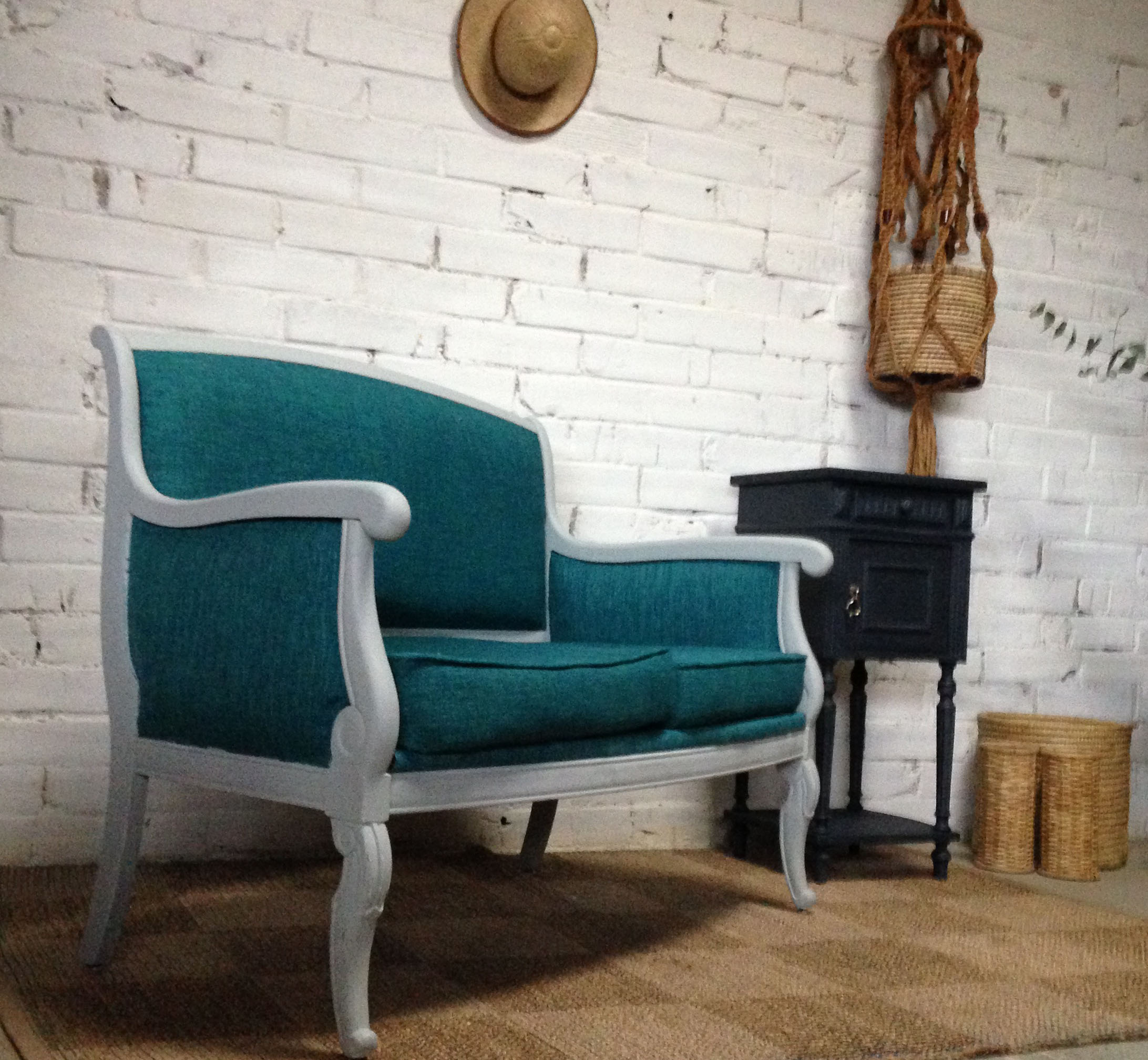 Louis Philippe grey and duck blue bench seat