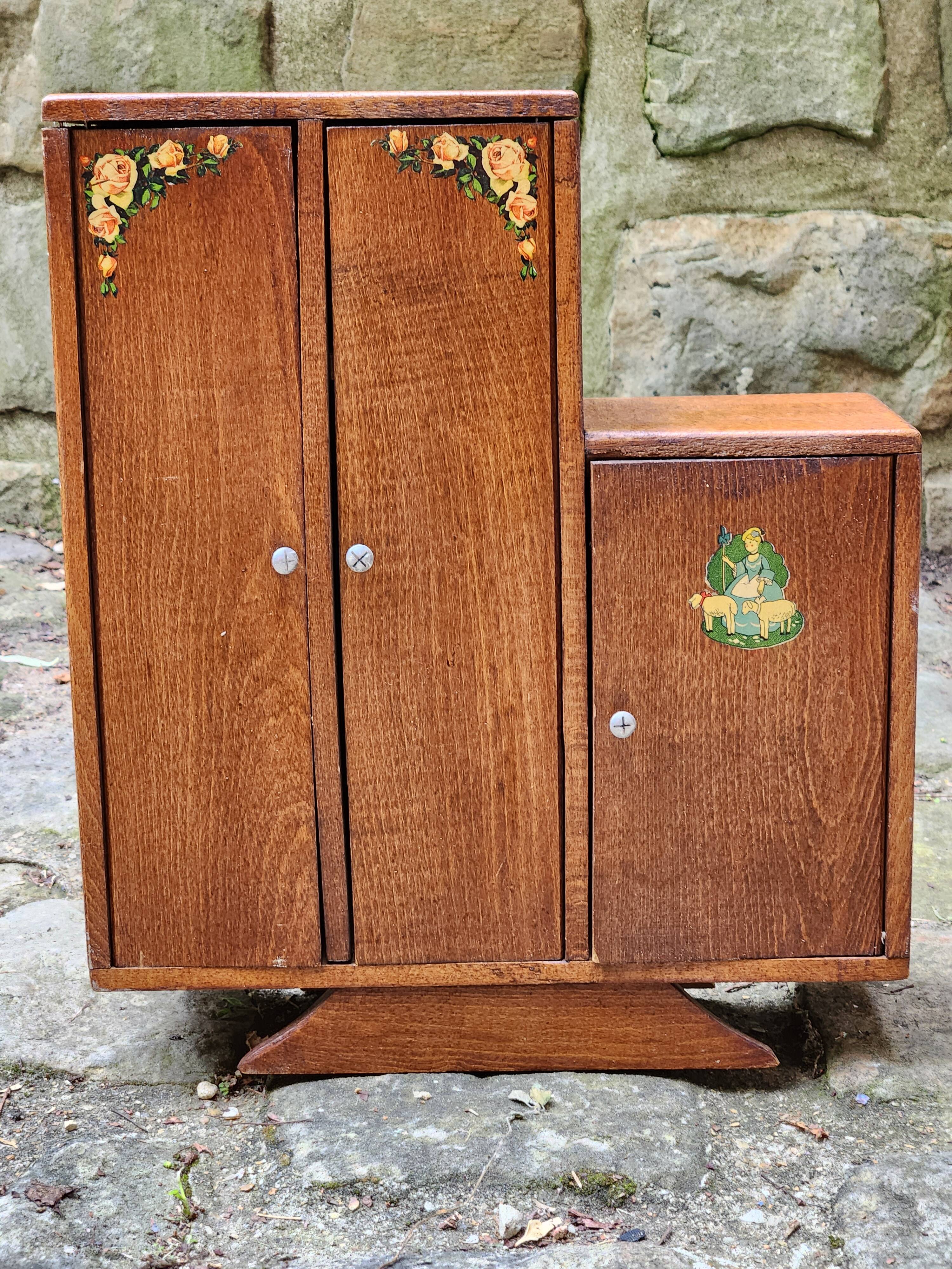 Vintage wooden doll wardrobe Art Deco