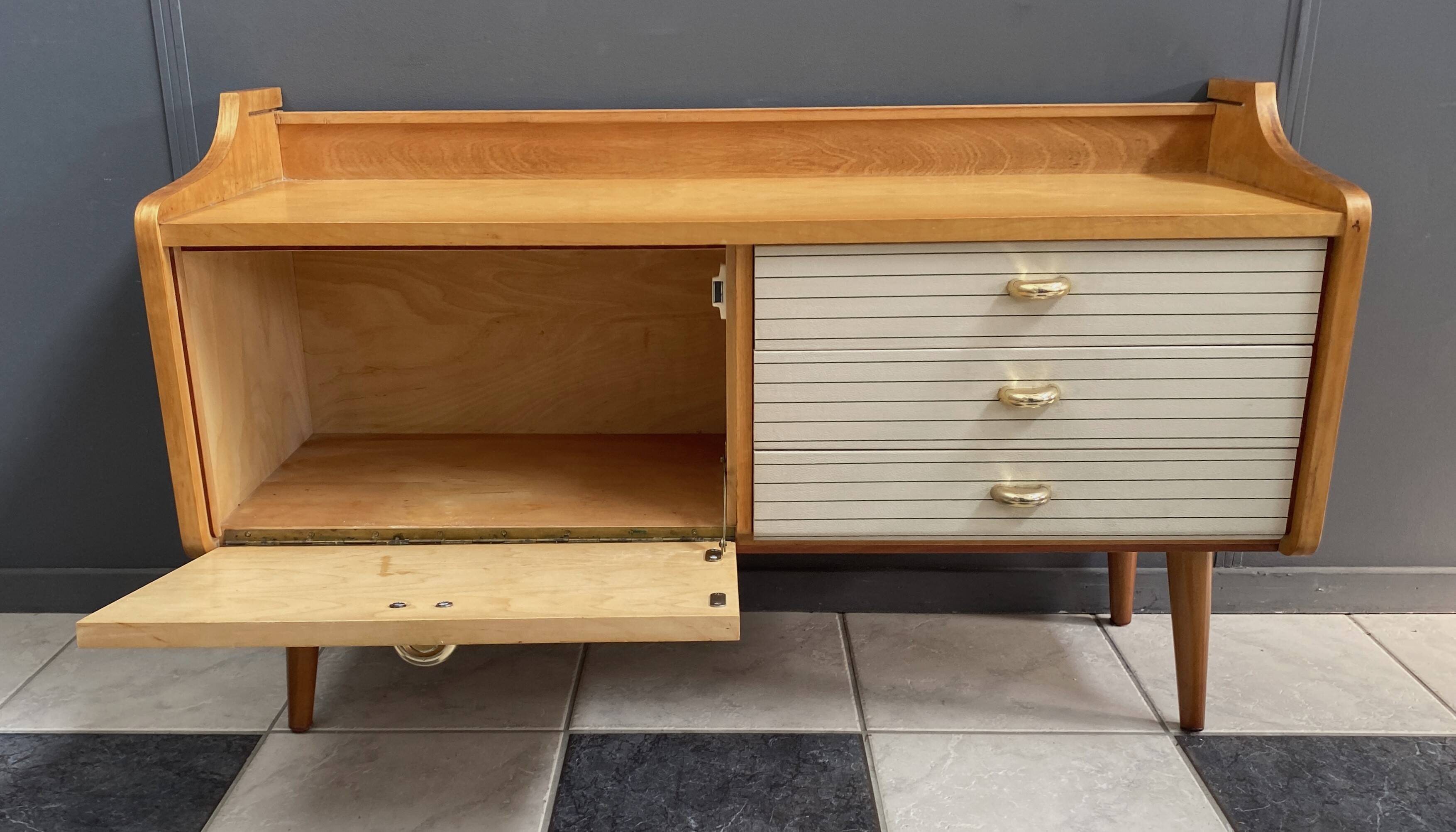 Low sideboard, white leatherette drawer fronts, 1960s