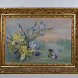 French School circa 1900 “Irises and dragonflies” Painted silk.