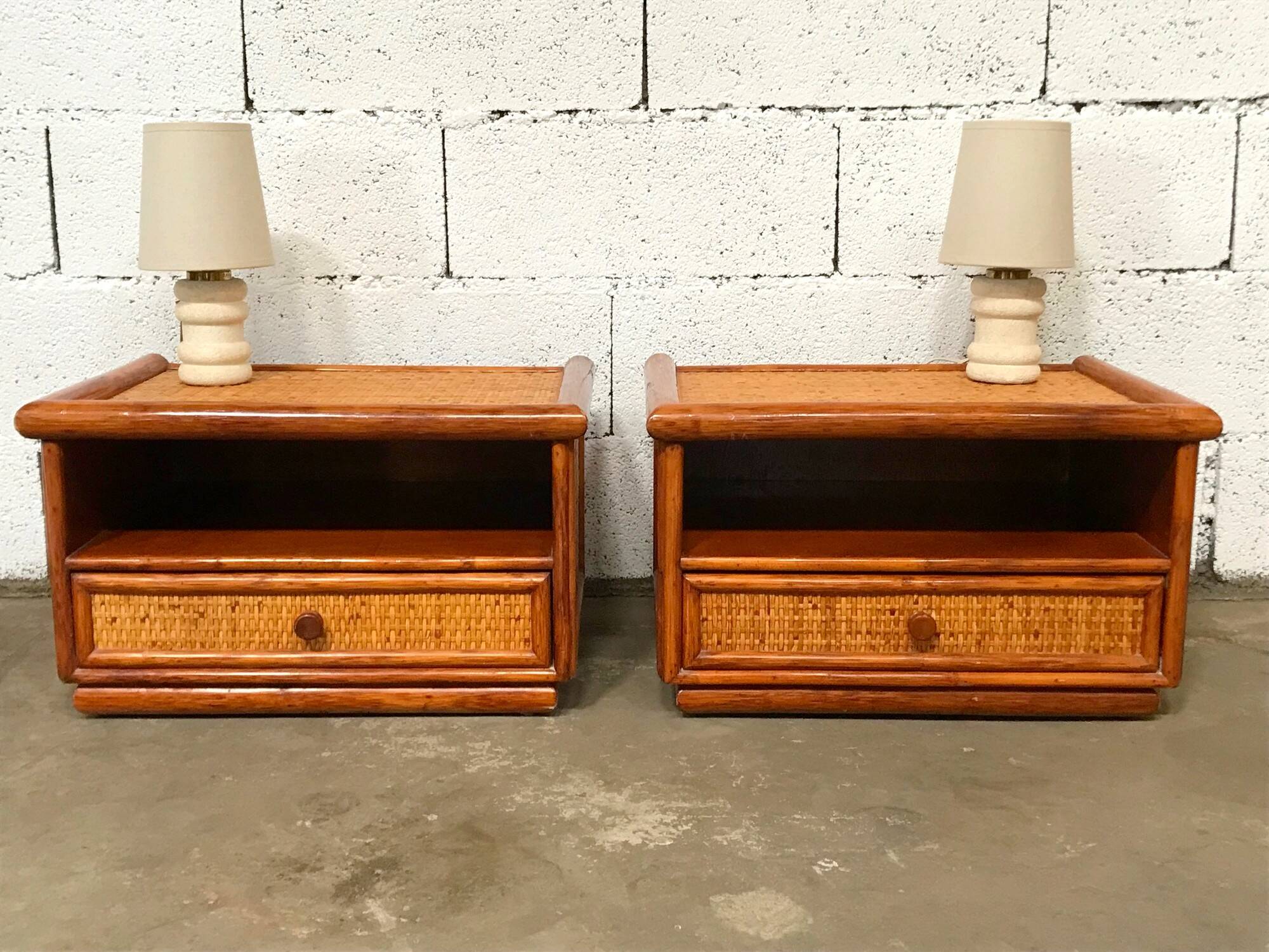 Maugrion rattan bedside tables for Roche Bobois vintage 70s