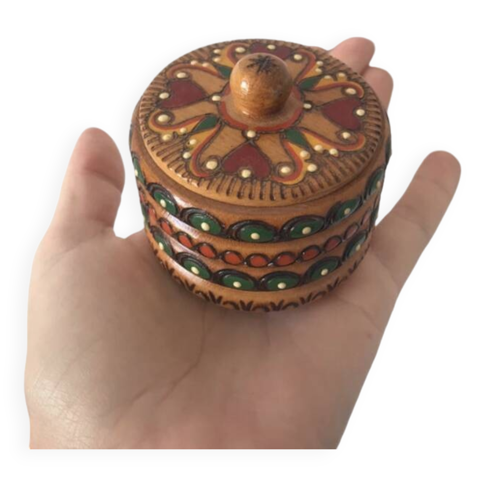 Vintage small round box with lid in light wood carved in relief decorated painted