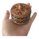 Vintage small round box with lid in light wood carved in relief decorated painted