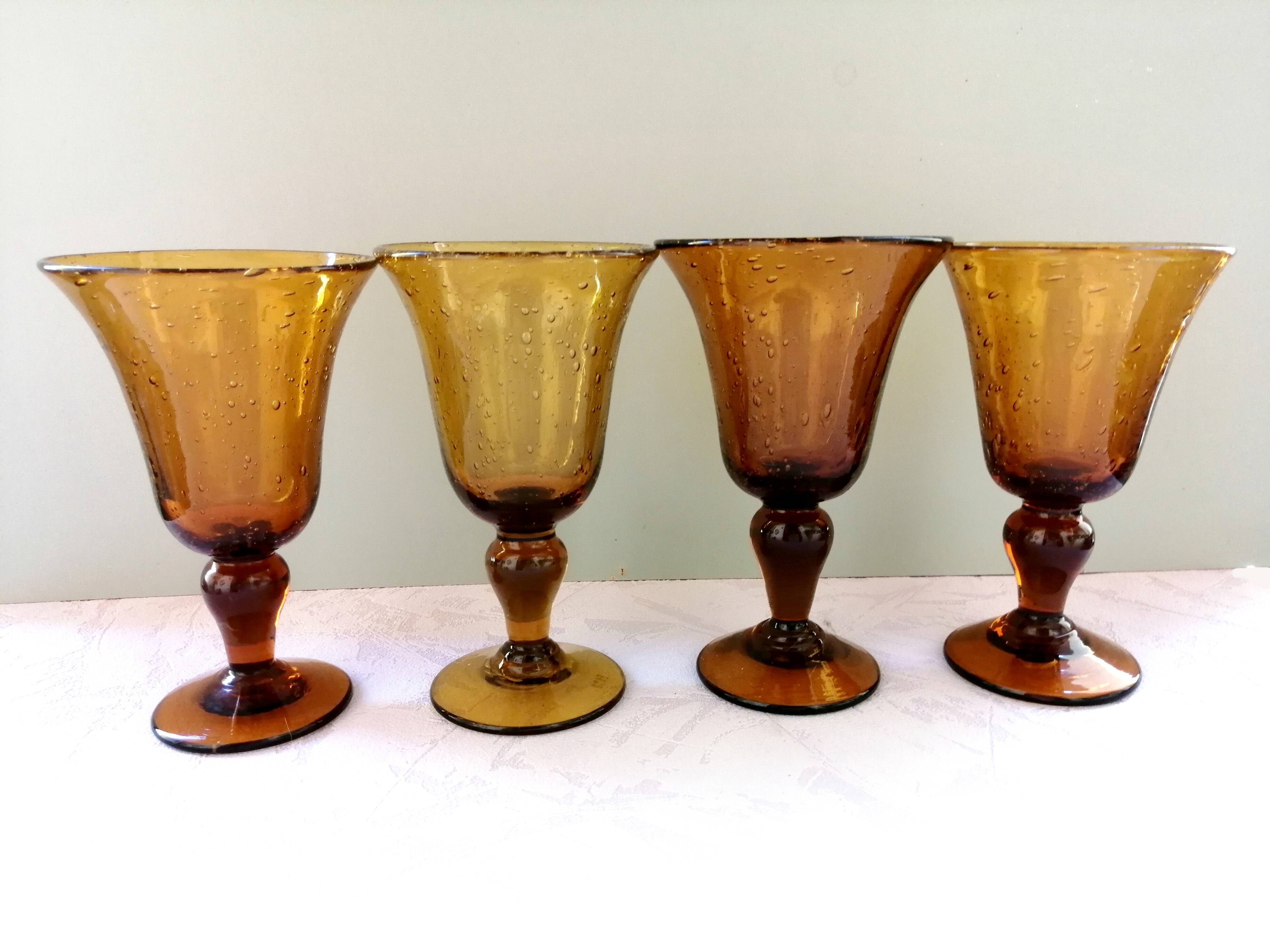 Biot engraved amber and bubbled water glasses, 70s