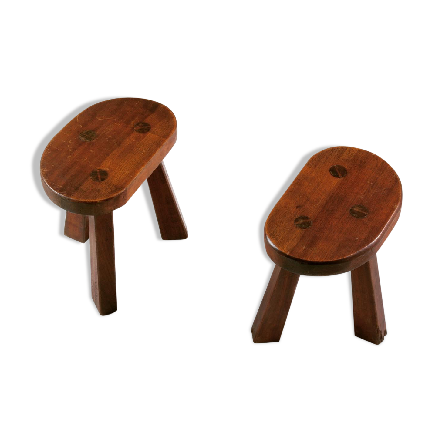 Pair of tripod brutalist stools, France 1950s