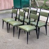 6 Italian design dining chairs in Scandinavian style with wood and olive green leather.
