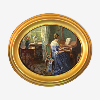 19th century painting portrait of a pianist in her golden medallion