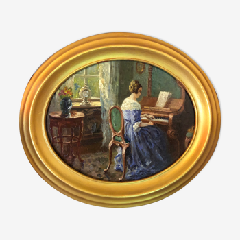 Peinture du 19e siècle portrait d'une pianiste dans son médaillon doré