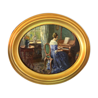 19th century painting portrait of a pianist in her golden medallion
