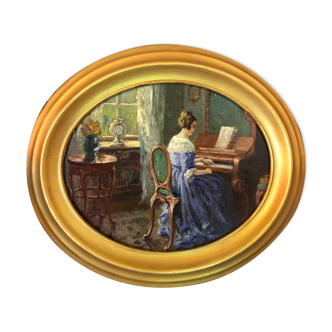 Peinture du 19e siècle portrait d'une pianiste dans son médaillon doré