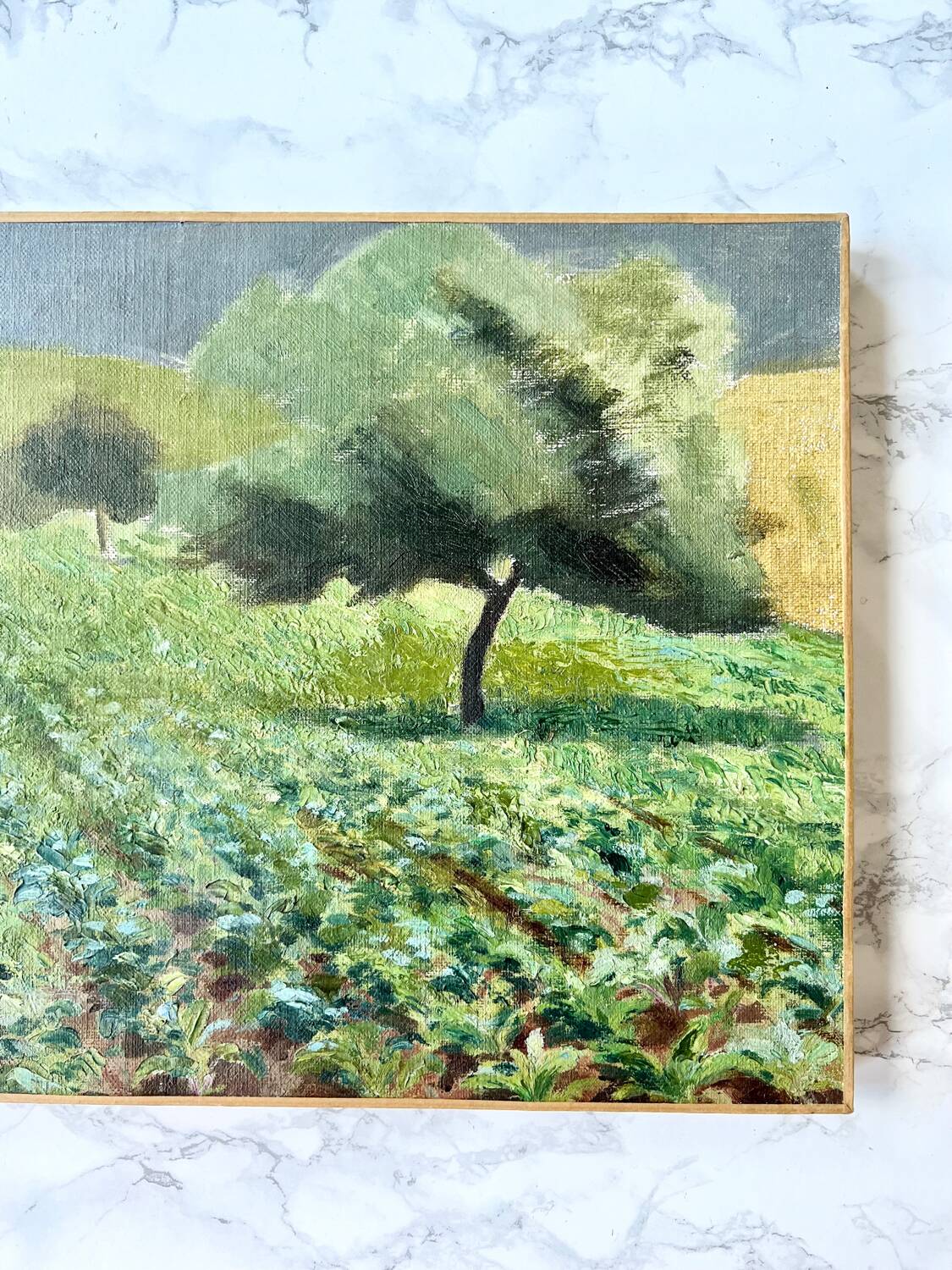 Oil on canvas countryside landscape under a stormy sky