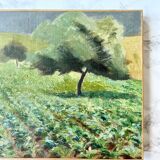 Oil on canvas countryside landscape under a stormy sky