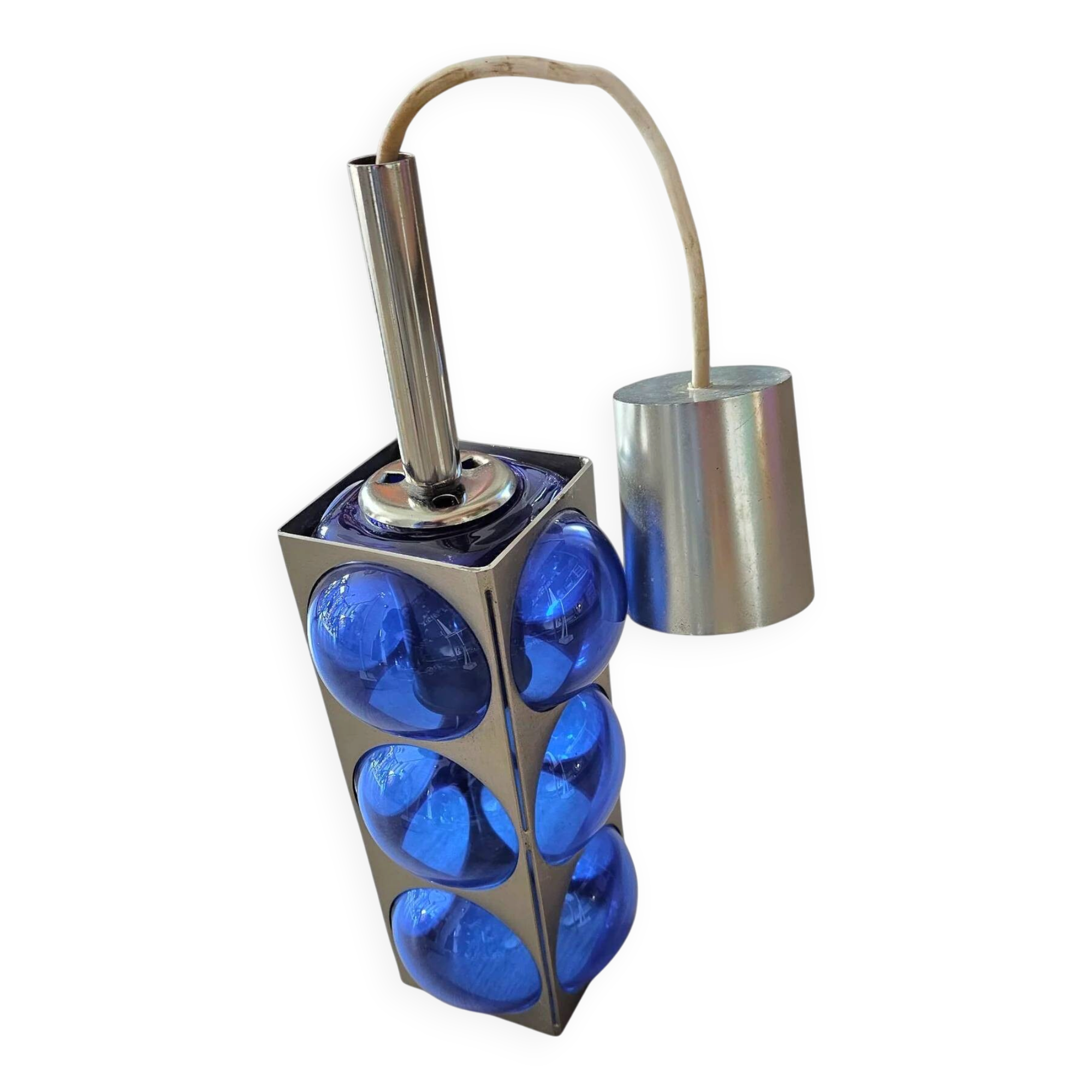 Blue glass / chrome hanging light / 1980s / Temde Swiss