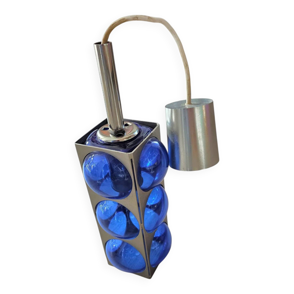 Lumière suspendue en verre bleu / chrome / années 1980 / Temde Suisse