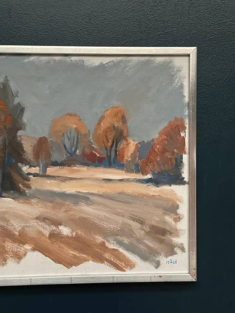 Original Swedish Oil on Canvas – “Red Autumn” by Knut Måsö (1926–2016) – Signed – Vintage & Framed – 57 × 44 cm (22.4" × 17.3")