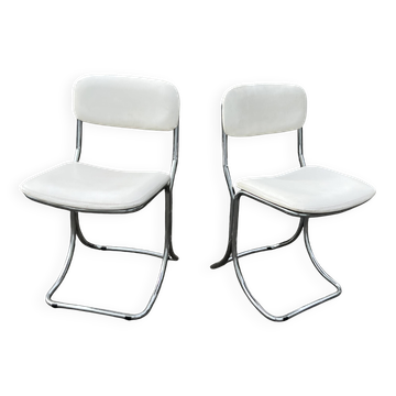 Pair of vintage chrome cantilever chairs, white leatherette – 1970s