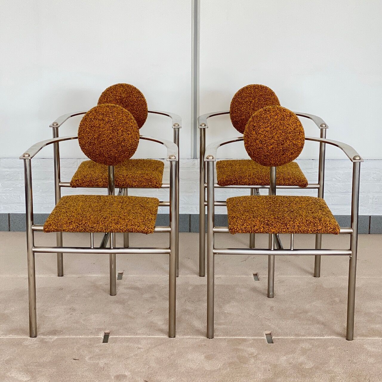 Set of 4 Belgo Chrom steel armchairs with bouclé