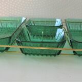 Golden vintage aperitif tray with green ramekins Arcoroc-France