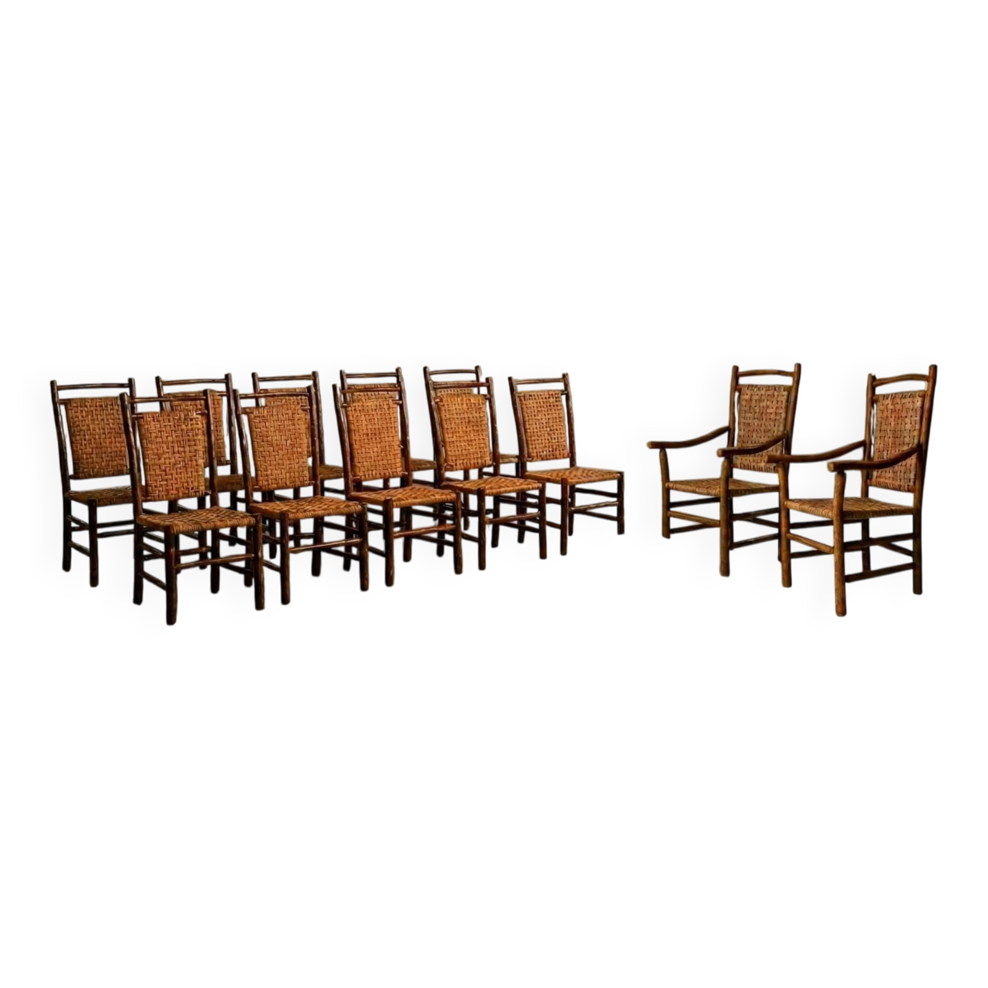 Set of 10 chairs and 2 armchairs Old Hickory 1960