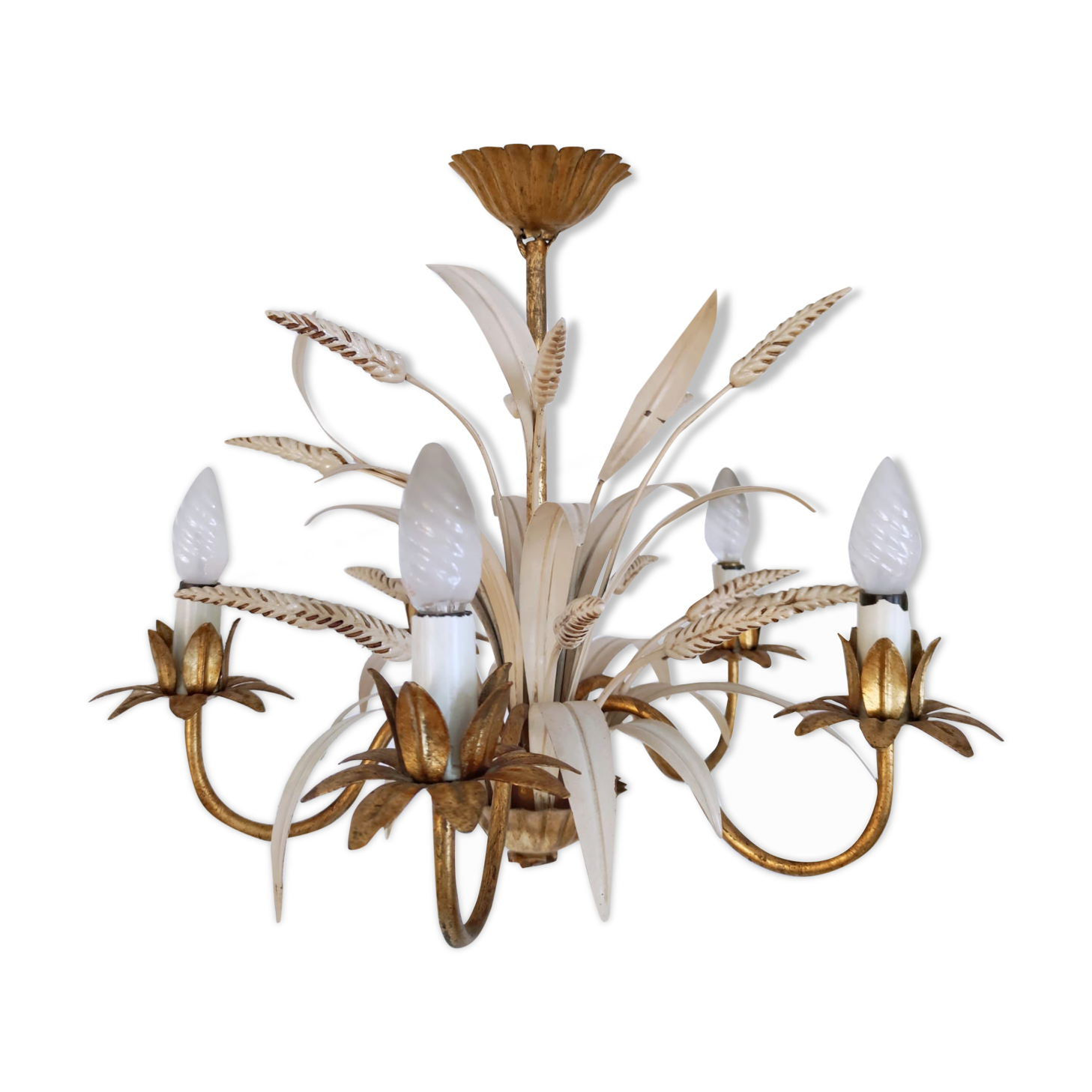 Vintage wrought iron chandelier decorated with golden and beige reeds