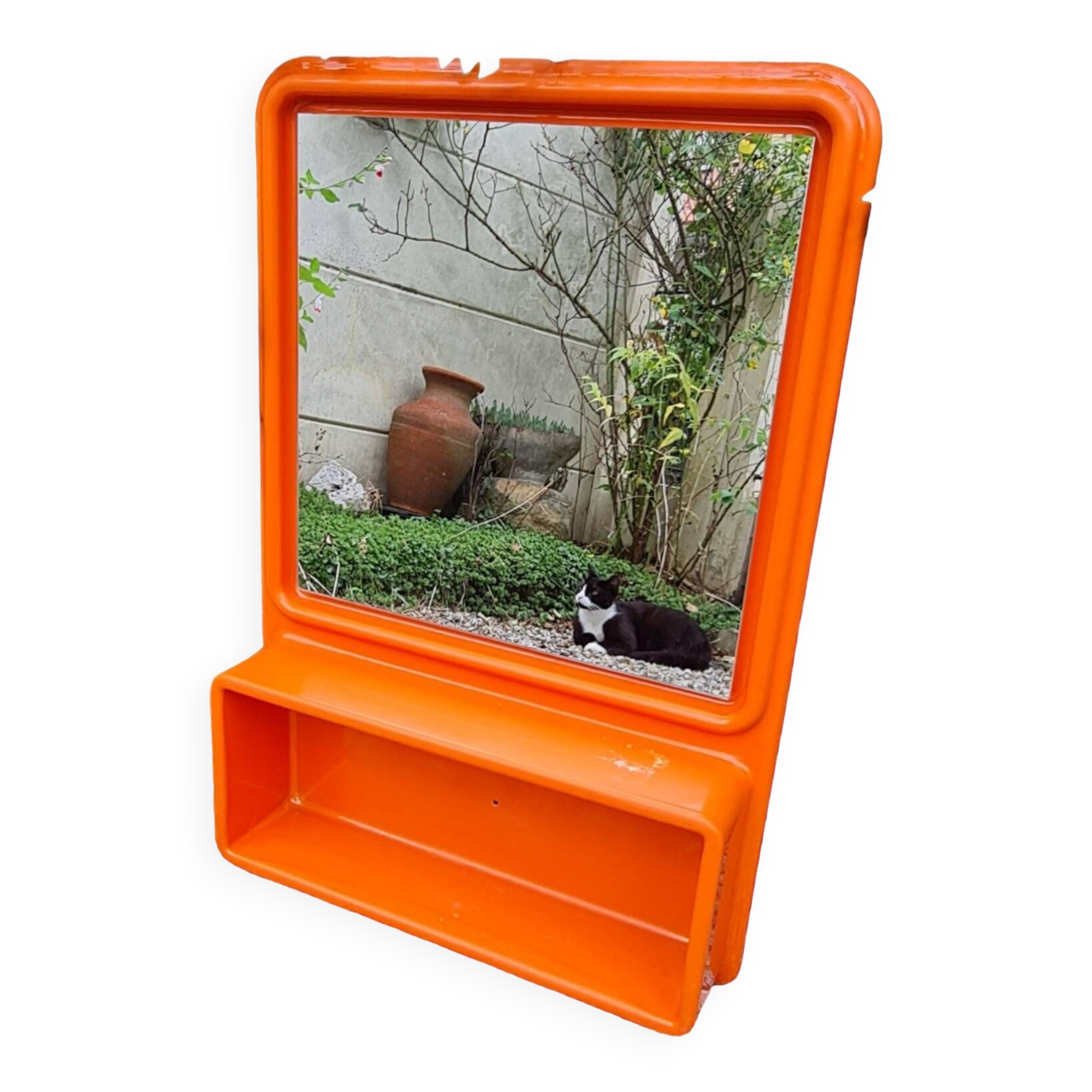 Vintage orange sixties molded plastic shelf mirror no shipping