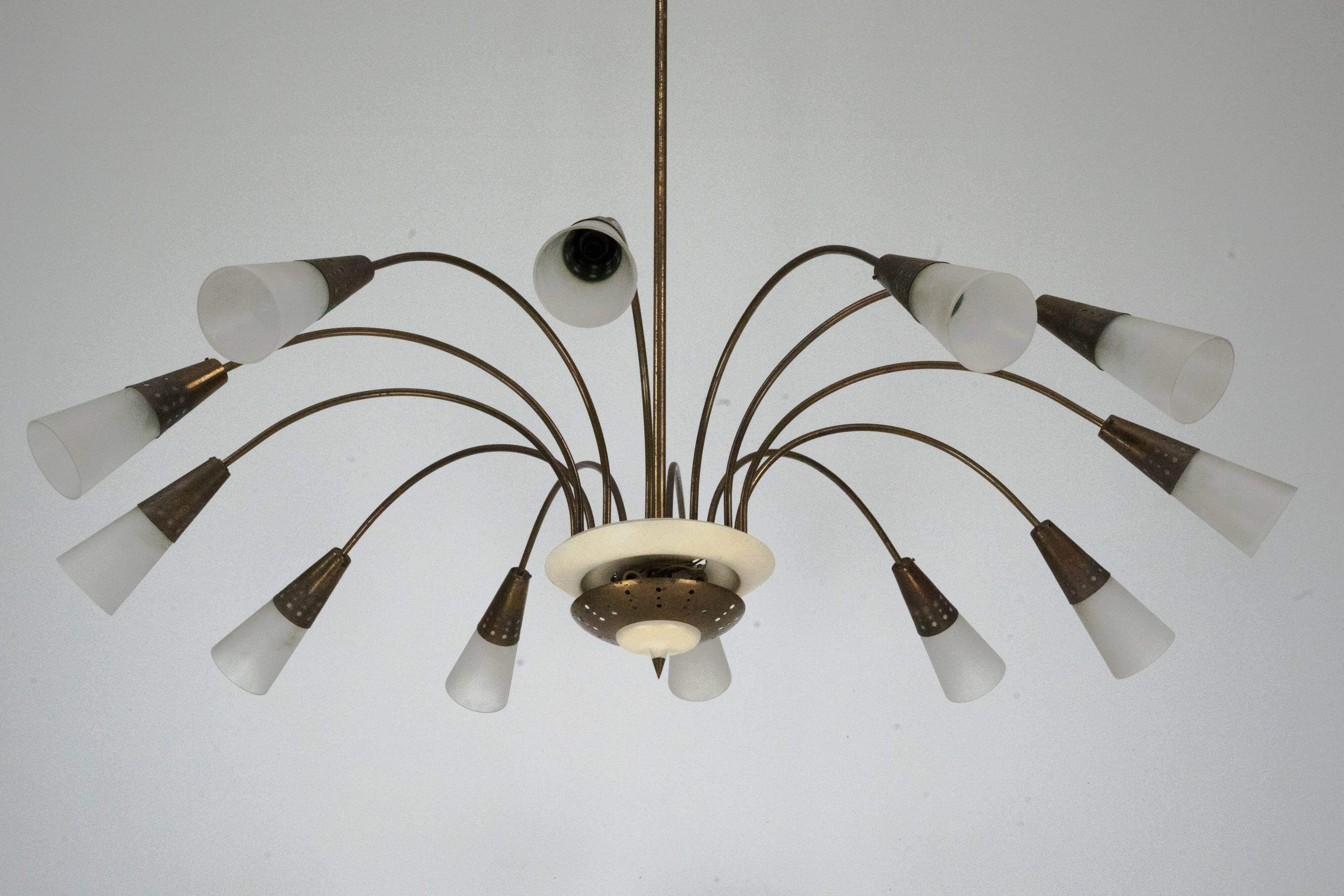 Large Italian Mid-Century Sputnik Brass Chandelier with Satin Glass, 1950s