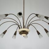 Large Italian Mid-Century Sputnik Brass Chandelier with Satin Glass, 1950s