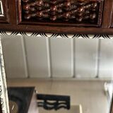 Oriental mirror in carved and turned wood inlaid with mother-of-pearl H 44/L 38 cm