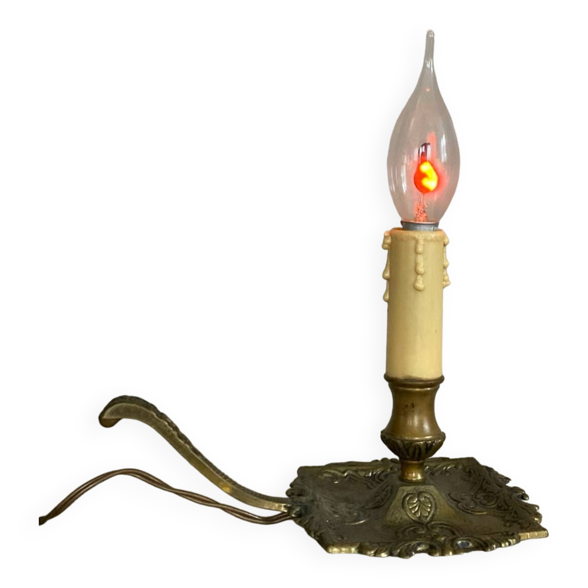 Candle holder with 20th century spelter socket mounted as a flame bulb lamp
