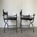 Pair of leather “curule” emperor armchairs