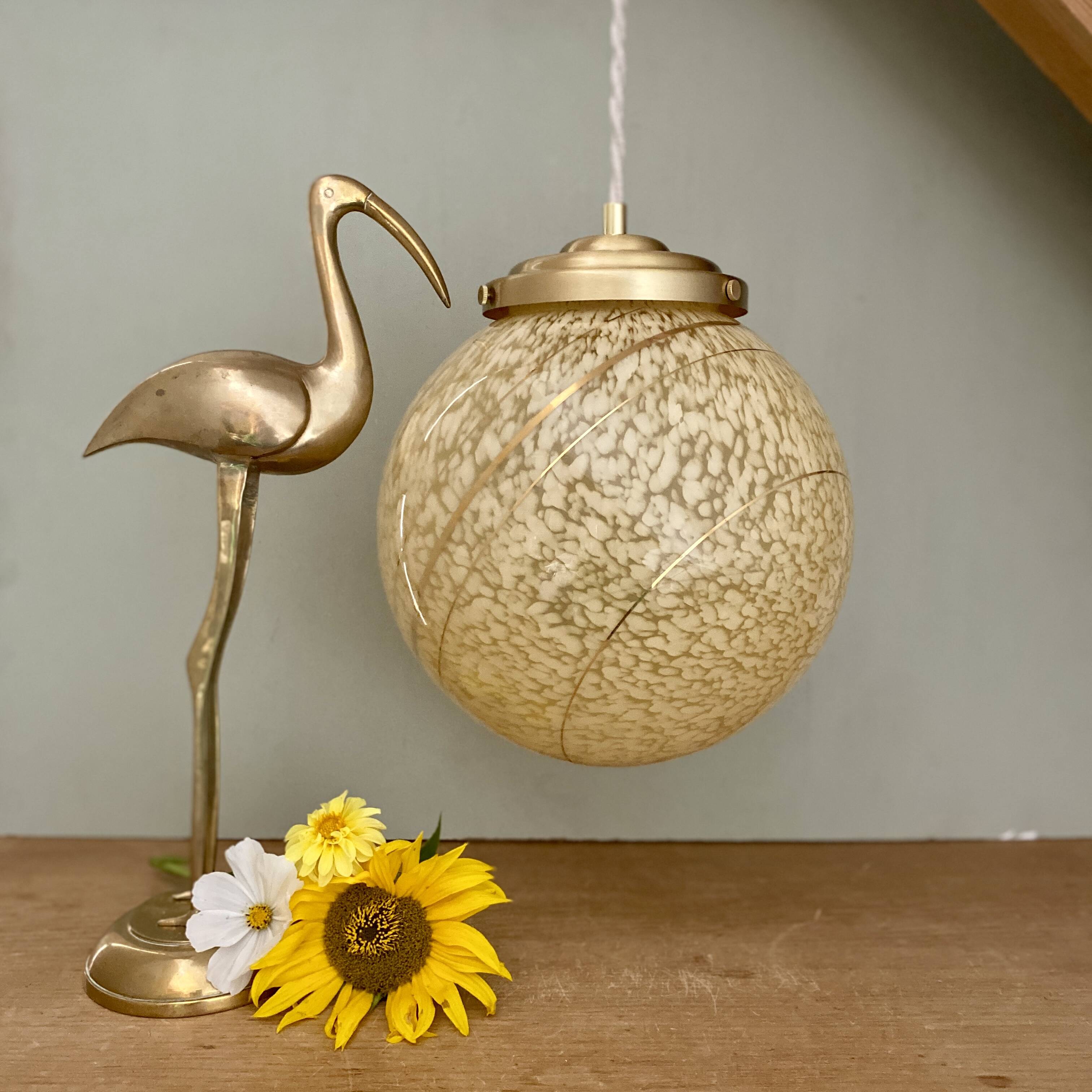 Vintage globe pendant light in yellow and gold clichy glass XXL