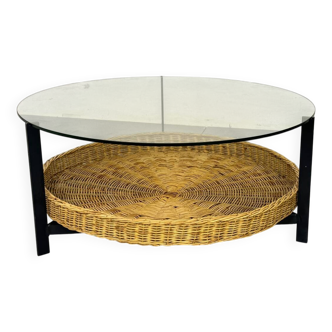 Table basse en verre, acier et rotin de style danois moderniste du milieu du siècle, 19