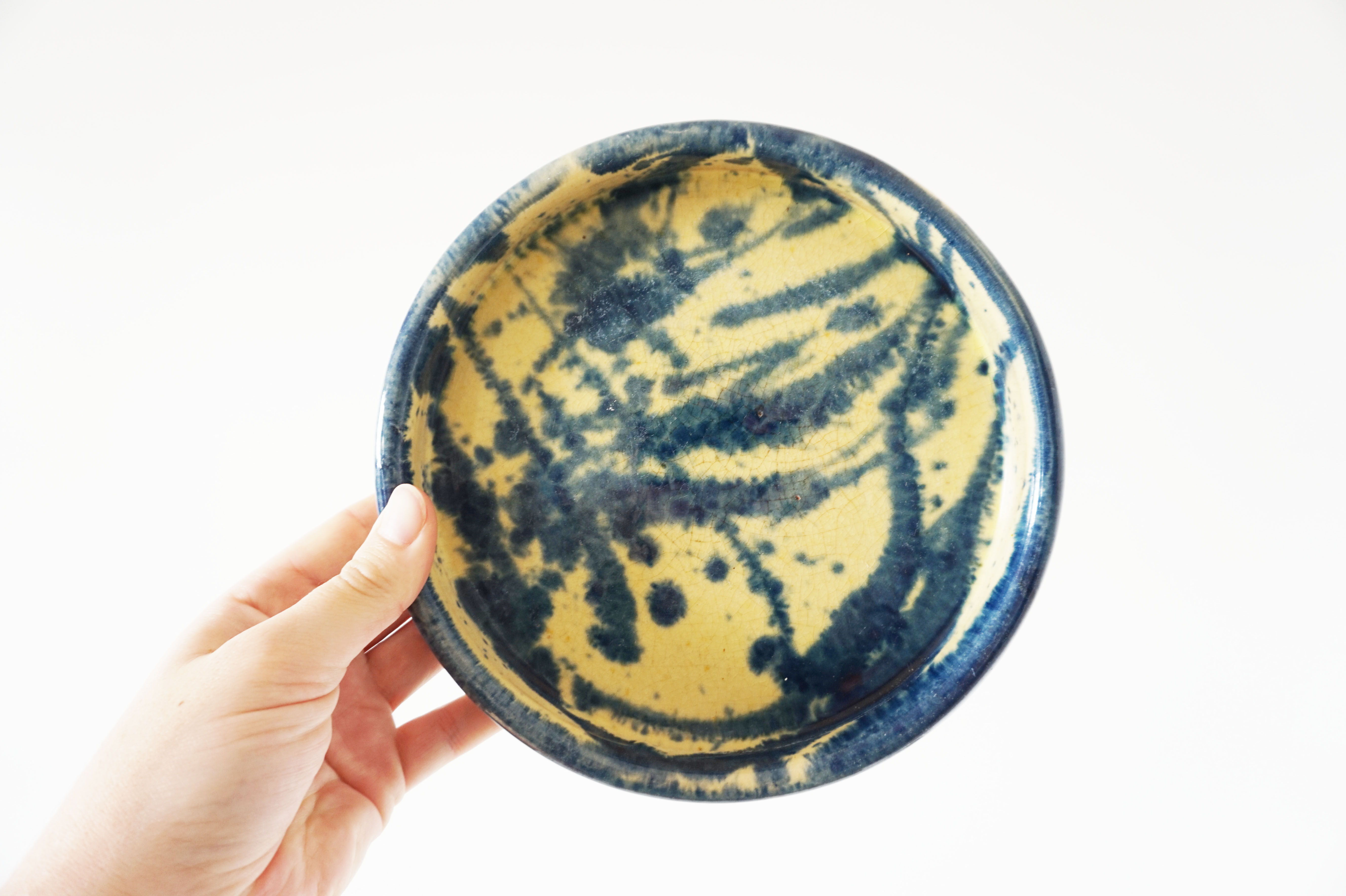 Trinket bowl vintage blue and yellow ceramic