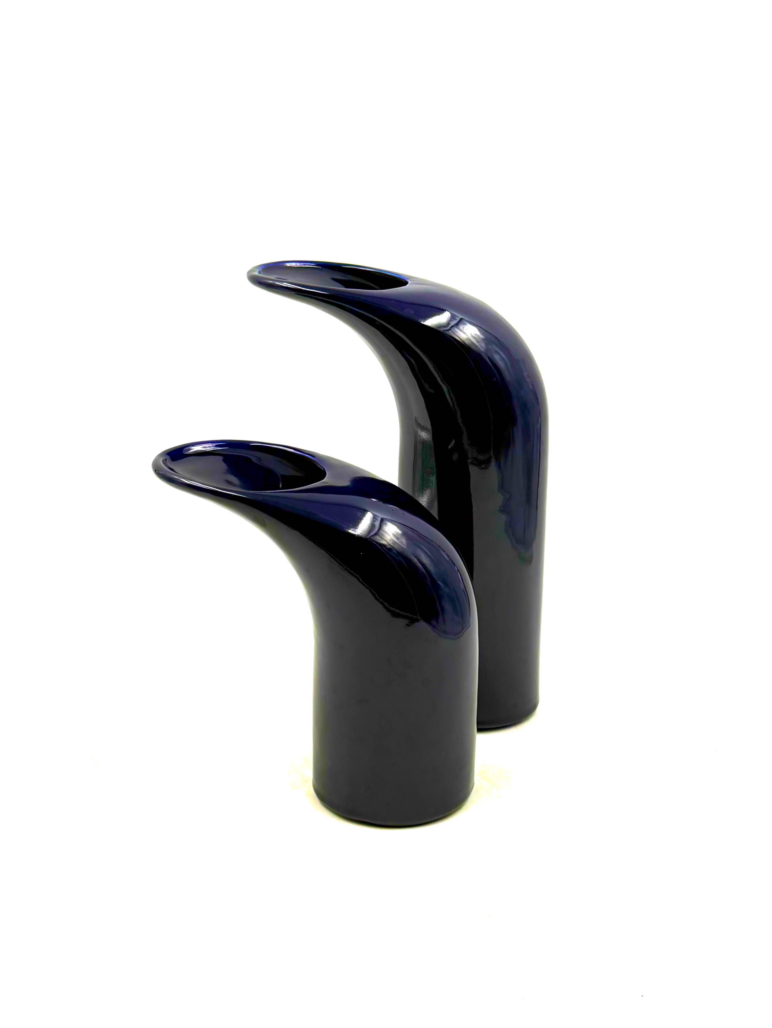 Space age set of 2 blue ceramic vase, Italy ca. 1970
