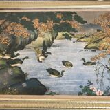 Old painting with a polychrome print decoration of ducks in nature.