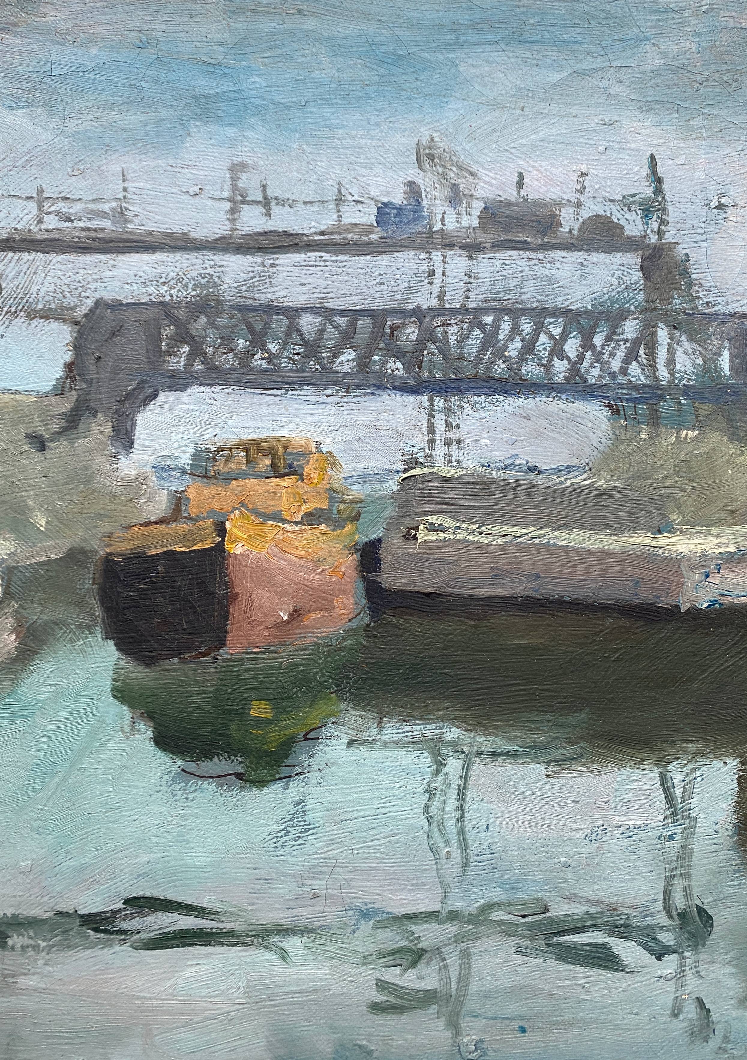 HST painting "The Canal with barges" Post impressionist signed Dumas + frame