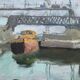 HST painting "The Canal with barges" Post impressionist signed Dumas + frame