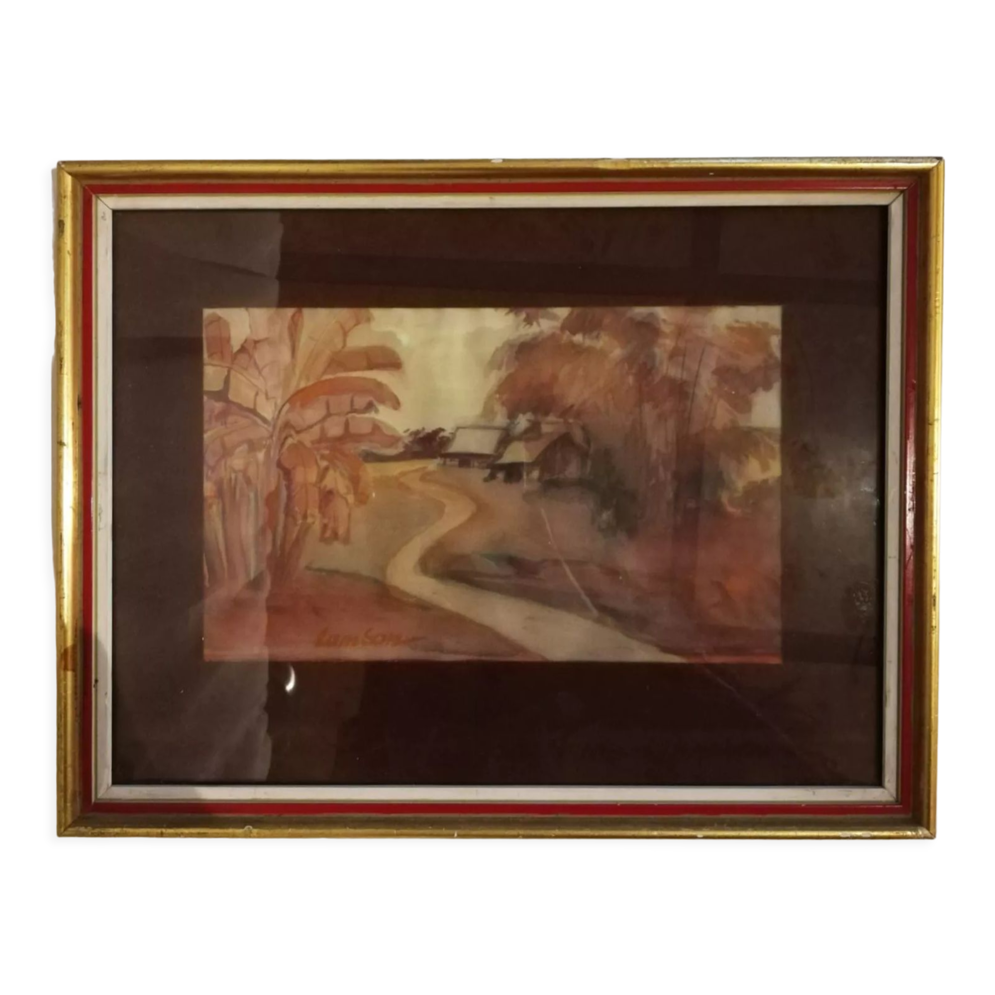 Antique painting, watercolor on silk, depicting a banana plantation with two Creole houses