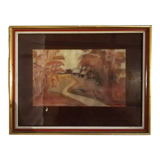 Old painting, watercolor on silk, representing a banana plantation with two Creole houses