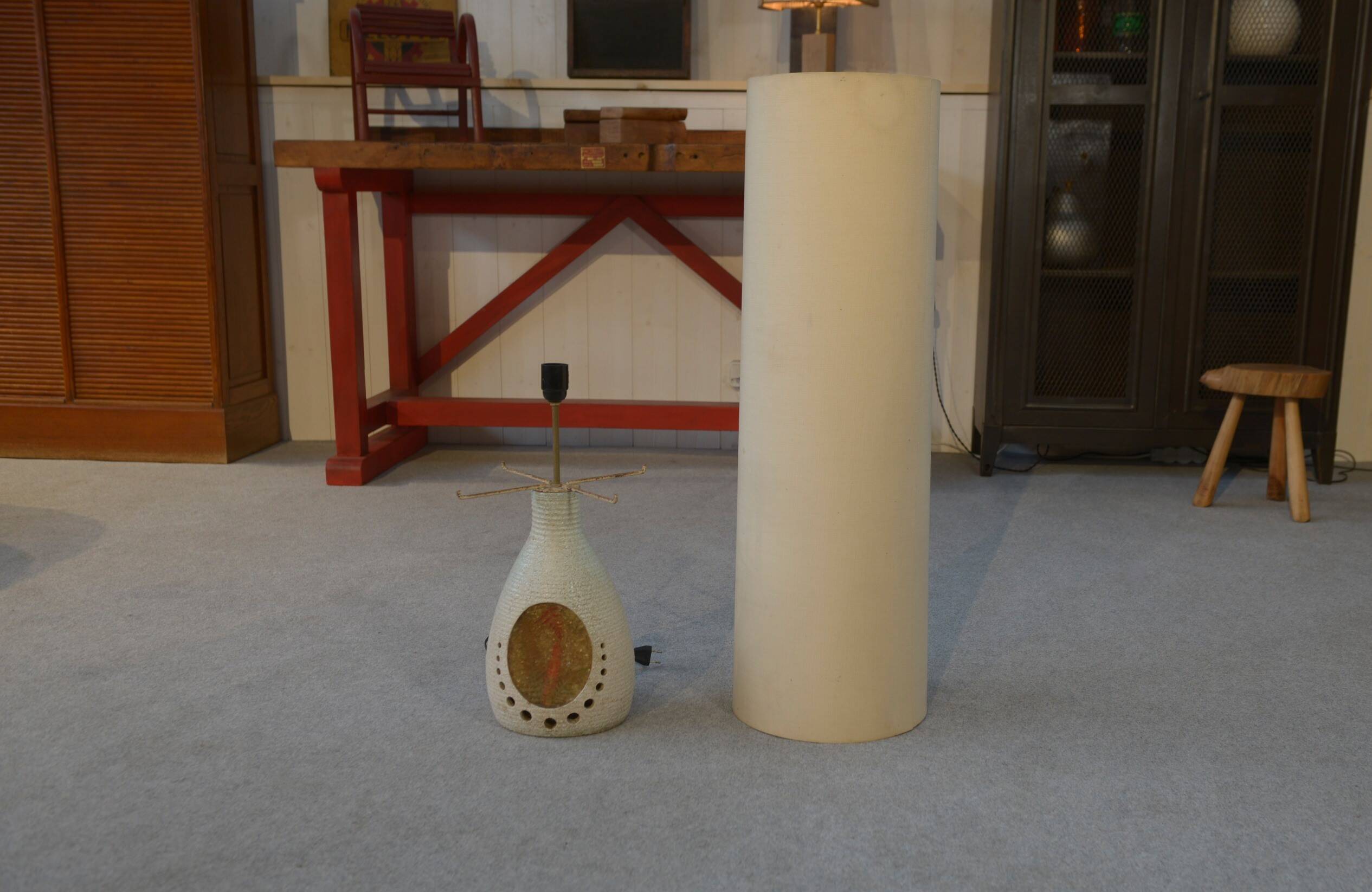 Accolay style lamp with tall beige shade, 1960s