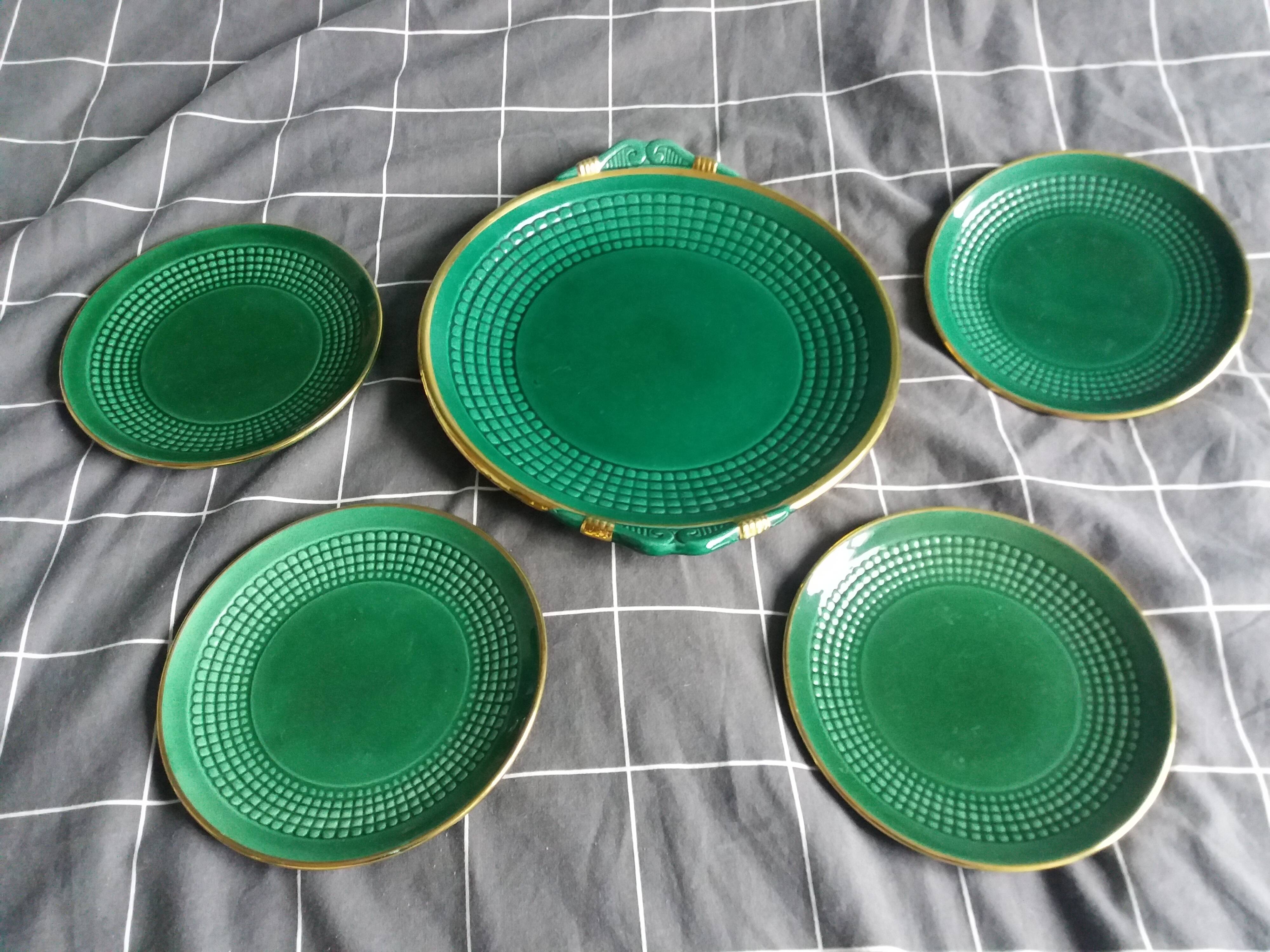 Dessert or cheese set, dish and 4 plates, Saint Clément green and gold