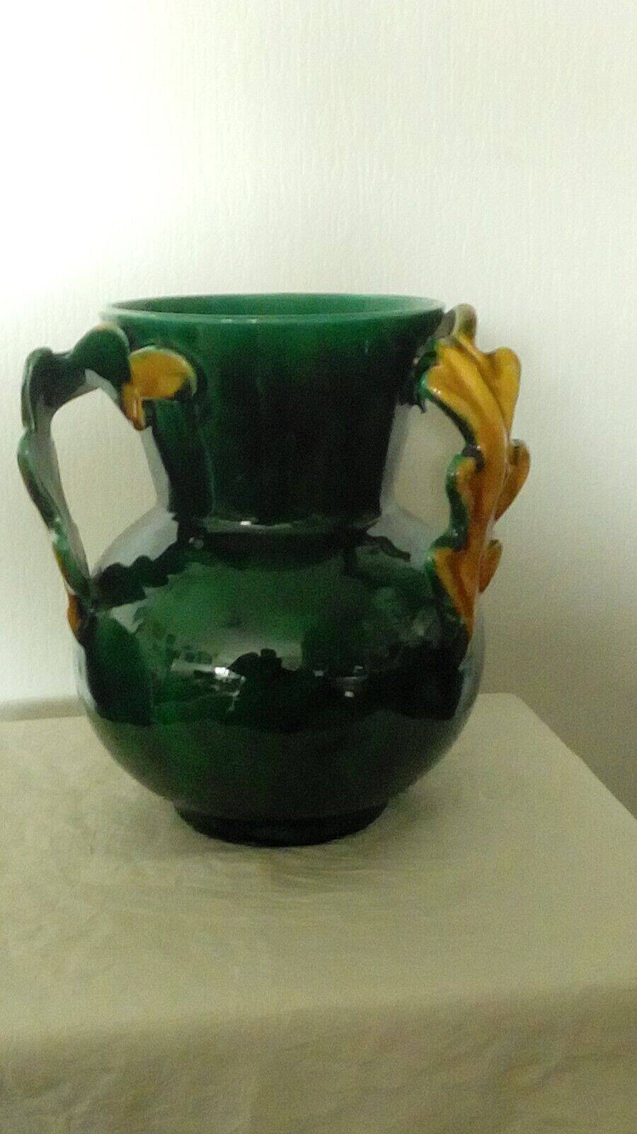 Earthenware vase with 3 handles of Vallauris oak leaves, 1950s vintage